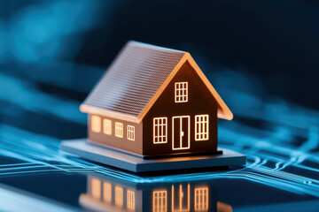 customizable smart home model illuminated on digital surface, showcasing modern technology