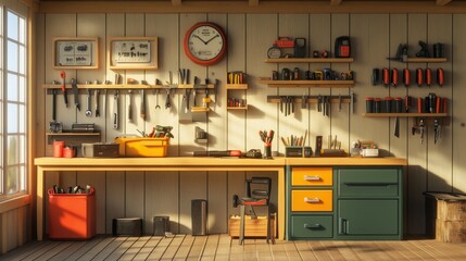 Garage interior with instruments, tools for carpentry and repair works. Empty workshop with mitre saw and toolbox on workbench. Screwdriver, pliers and hammer on wall board Cartoon vector illustration
