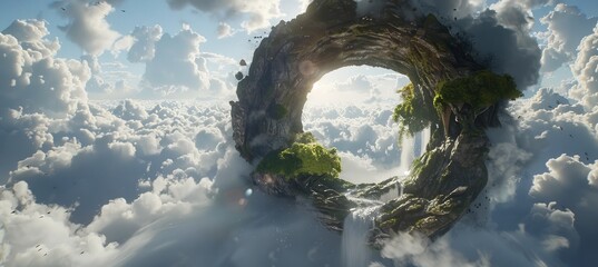 Fototapeta premium A tunnel leading to a dreamlike realm of floating islands and majestic waterfalls