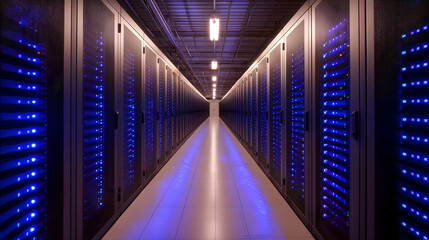 Fototapeta premium Data center corridor with rows of servers illuminated by blue lights, showcasing modern technology and infrastructure.