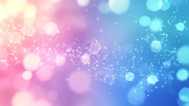 Blue pastel medical and tech background with hexagon pattern and bright sparkles. Realistic vector abstract bg with honeycomb geometric cell texture for medicine and science technology design.