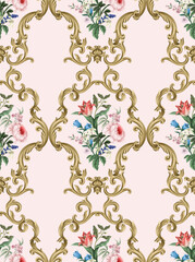 Seamless pattern with Victorian vintage flowers and baroque elements. Vector