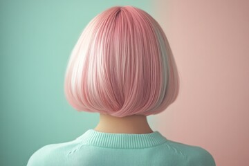 Stylish woman with pastel pink hair showcasing a modern bob haircut against a colorful background. Generative AI