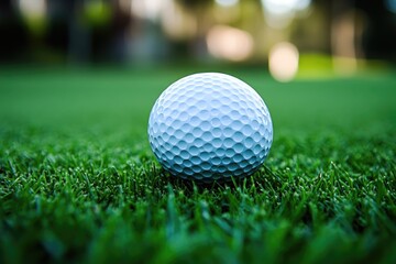 Obraz premium Close-up of a golf ball on green grass at a sunny golf course showcasing the outdoor sport\'s equipment aesthetics. Generative AI