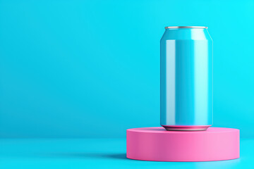 modern beverage can stands on pink pedestal against vibrant blue background, creating striking visual contrast