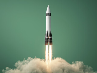 Rocket launches into the sky, leaving a trail of smoke and flame during a clear day at a launch site