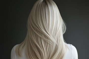 Naklejka premium Stylish close-up of a woman’s long, straight hair softly flowing down her back against a dark background. Generative AI