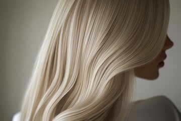Fototapeta premium Long blonde hair flowing gracefully with soft waves in a serene indoor setting during natural light hours. Generative AI