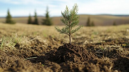 Fototapeta premium Small Pine Tree Growing in Dry Soil on Open Landscape