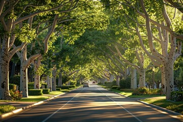 Obraz premium Sunlight filters through lush trees along a serene suburban street during golden hour in late afternoon. Generative AI