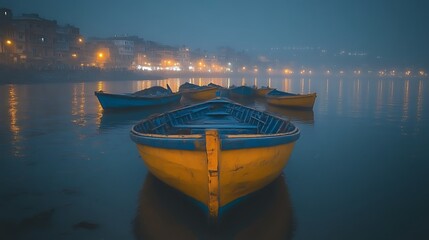 Naklejka premium Yellow and Blue Boats Moored at Dusk by City Lights