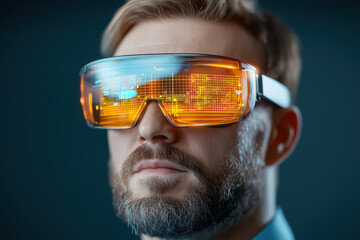 close up of treasure hunter wearing augmented reality glasses, showcasing futuristic interface. expression reflects curiosity and excitement