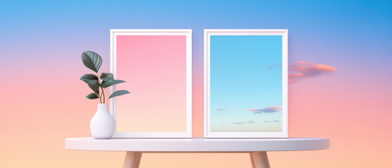 modern table displays two vertical white frames with pastel skies, complemented by green plant in vase