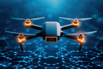Fototapeta premium close up view of advanced drone showcasing its sleek design and technology. illuminated features highlight its modern capabilities and intricate