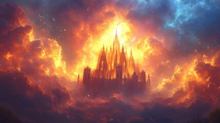Fototapeta premium A majestic castle rises through vibrant, fiery clouds, evoking a sense of wonder and fantasy.