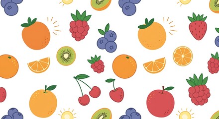 Obraz premium Vibrant colorful illustration of assorted fresh fruits on white background, concept for healthy food display, nutrition and wellness promotion and kids education