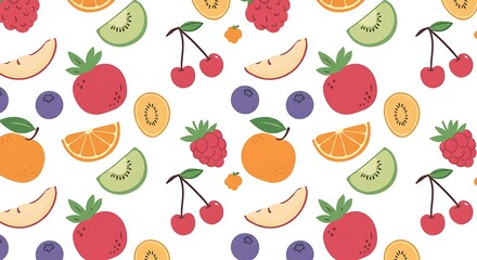 Obraz premium Vibrant colorful cartoon fruit pattern with various sliced and whole fruits, concept for food illustration, healthy snack promotion and kids wallpaper