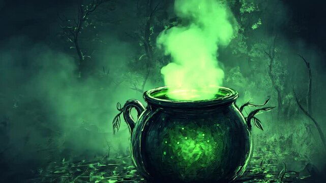 Mysterious cauldron emits glowing green smoke in a dark forest setting at night