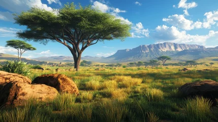 Fotobehang African savannah landscape, wild nature of Africa, cartoon background with green tree, rocks and plain grassland field under blue clear sky. Kenya panoramic view, parallax scene, Vector illustration © ImageKing