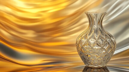 Display of a delicate glass vase with intricate patterns, fluid gold & silver background