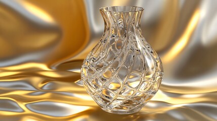 Display of a delicate glass vase with intricate patterns, fluid gold & silver background