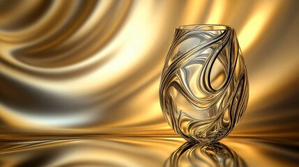 Display of a delicate glass vase with intricate patterns, fluid gold & silver background