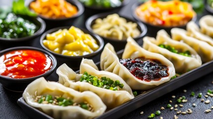 Delicious Dumplings with Varied Dips and Colorful Toppings