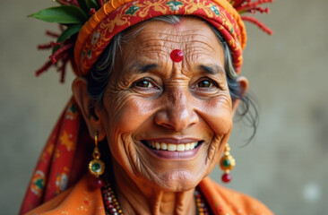 Portrait of happy elderly Indian woman in traditional sari with bindi and jewelry, smiling at the camera