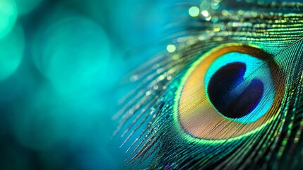 Realistic close-up of a vibrant peacock feather with its iridescent colors and intricate details, emerald green background
