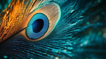 Realistic close-up of a vibrant peacock feather with its iridescent colors and intricate details, emerald green background