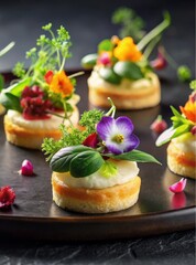 Gourmet Canap&eacute;s with Microgreens, Edible Flowers, and Artistic Presentation on Black Plate