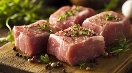 Fototapeta premium Fresh Raw Pork Chops on Wooden Cutting Board with Herbs and Spices