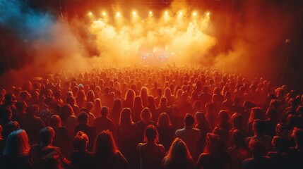 Obraz premium A large crowd at a concert, illuminated by vibrant lights and surrounded by fog.