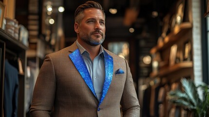 Obraz premium Mocha mousse tailored blazer with blue holographic lapels in high-end boutique
