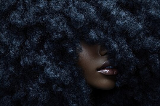 Dark, voluminous curly hair frames a face with glossy lips in a striking close-up portrait. Generative AI