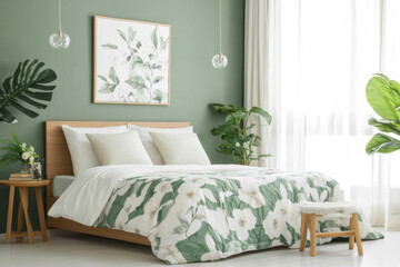 Fototapeta premium Bedroom with a green accent wall, white bedding, and natural wood furniture