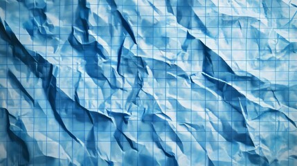 Obraz premium Crumpled blue checkered paper texture realisric vector illustration. White blank notebook sheet with grid, wrinkle and crease effect, note page mock up, educational template