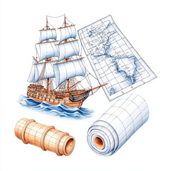 Naklejka premium detailed watercolor of historic ship, map, and scroll, evoking adventure and exploration