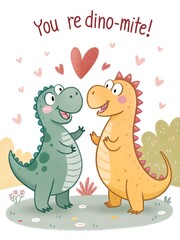 Naklejka premium Two adorable cartoon dinosaurs with hearts above their heads, sharing a sweet moment of love and affection