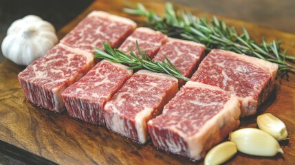 Premium Wagyu Beef Cuts on Wooden Board with Garlic and Herbs