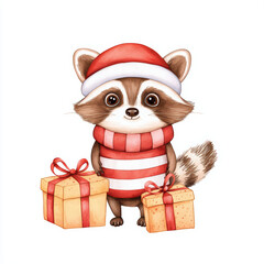Cute raccoon in Santa hat with gifts, perfect for holiday themes