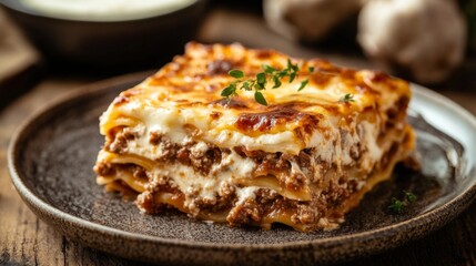 Delicious Homemade Lasagna with Meat and Cheese on Wooden Table