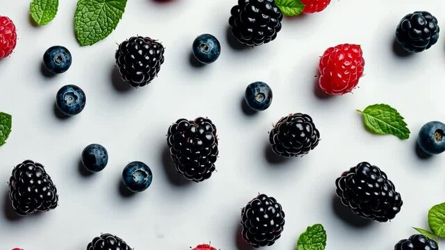 Fresh berries laid out in a playful pattern. A mix of blackberries, raspberries, and blueberries invites creativity and joy. Ideal for food and health themes. Generative AI
