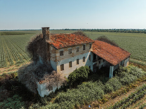 Italy - Abandoned houses near Jesolo from drone view. You can see how growing uon the nature on the human creations
