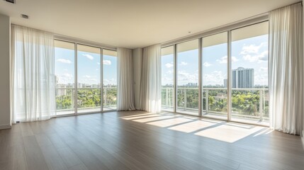 Glass windows with white silk curtains and overlooking to sea. Vector realistic interior of empty room in home or hotel with glass doors to balcony, terrace with railings