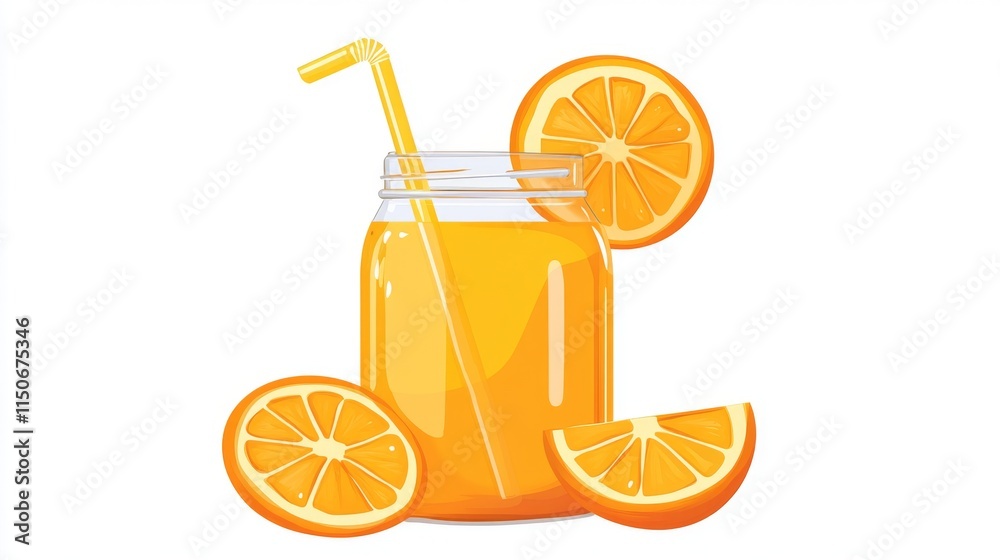Poster fresh orange juice in jar with sliced oranges and straw