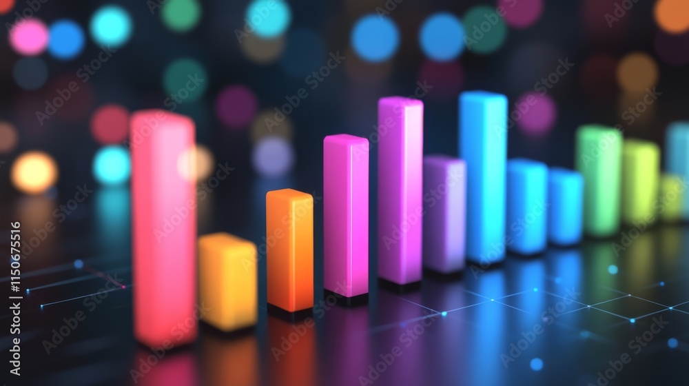 Poster colorful bar graph on dark background with soft bokeh effect