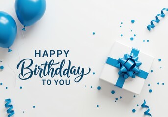 A birthday greeting card with Happy Birthday To You text in cursive on a white background featuring blue balloons, a gift box with a blue ribbon, and scattered blue streamers and confetti

