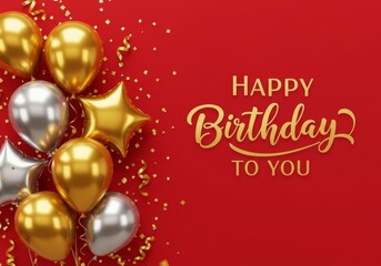 A birthday greeting card with Happy Birthday To You text in cursive on a red background featuring gold balloons