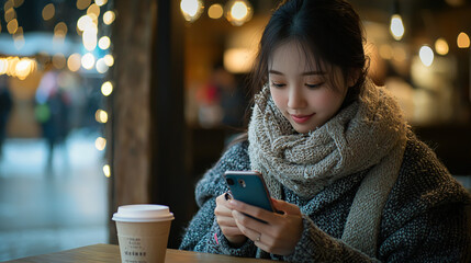 Close-up of a young Asian woman seated at a wooden table in a cozy coffee shop, using a mobile phone with focus on her hands, soft natural lighting.